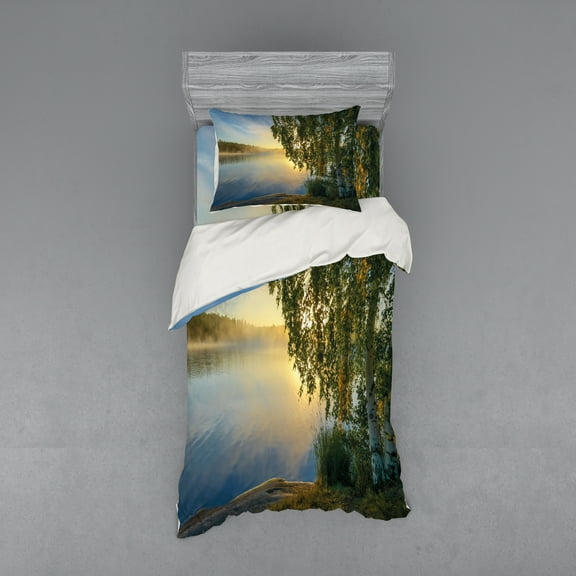 Ambesonne Tree Bedding Set 3 Pcs, Sunny Misty Lake Summer, Twin XL, Fern Green Pale Blue