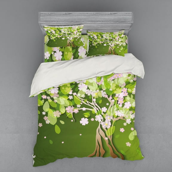 Ambesonne Tree Bedding Set 4 Pcs, Blossoming Petals Florets, Queen, Fern Green Pale Pink