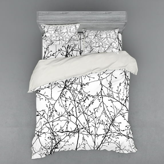 Ambesonne Tree Bedding Set 4 Pcs, Branches with Leaves Buds, Queen, Black White