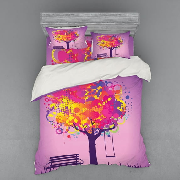 Ambesonne Tree Bedding Set 4 Pcs, Colorful Leaves Swing Art, Queen, Multicolor