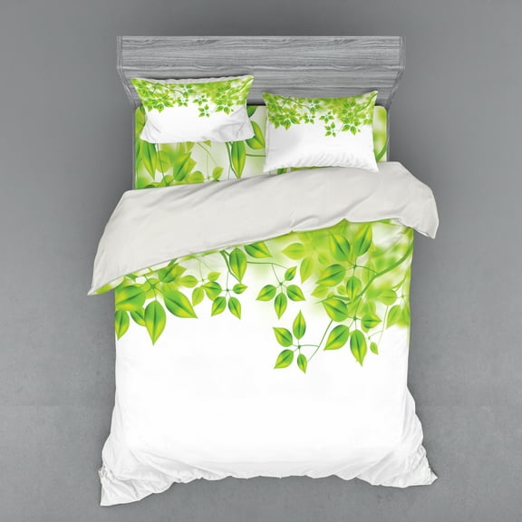 Ambesonne Tree Bedding Set 4 Pcs, Leaves Spring Art, Queen, Green White