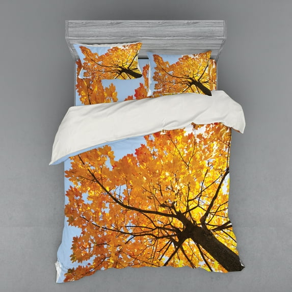 Ambesonne Tree Bedding Set 4 Pcs, Maple Leaves Fall Autumn, Queen, Orange Blue