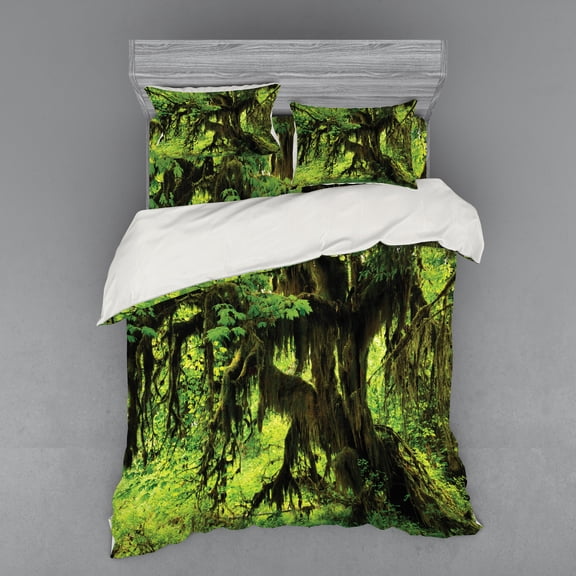 Ambesonne Tree Bedding Set 4 Pcs, Moss Jungle Wildlife, Queen, Green Brown