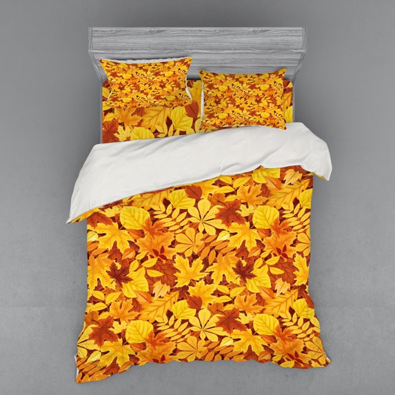 Ambesonne Tree Bedding Set 4 Pcs, Shady Fall Oak Maple Leaf, Queen, Earth Yellow Marigold