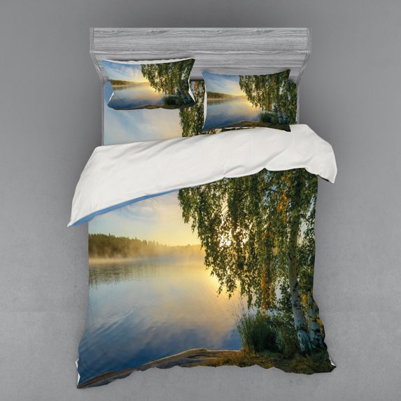 Ambesonne Tree Bedding Set 4 Pcs, Sunny Misty Lake Summer, Queen, Fern Green Pale Blue