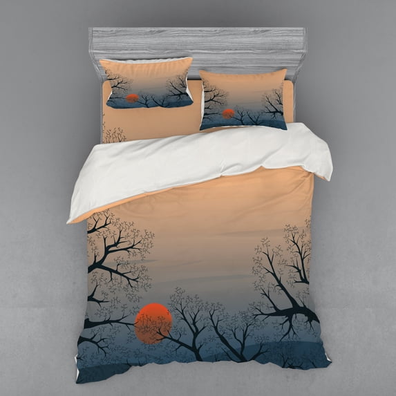 Ambesonne Tree Bedding Set 4 Pcs, Sunrise Branches Misty Sky, Queen, Slate Blue Orange Peach