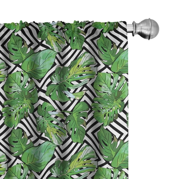 Ambesonne Tree Curtains, Macro Palm Tree Leaves, Pair of 28"x84", Hunter Green Black White