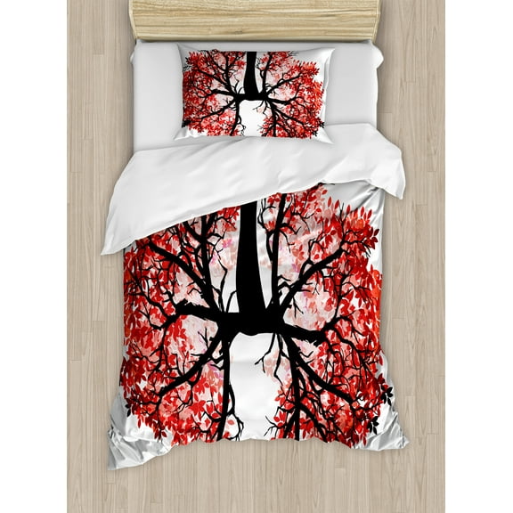 Ambesonne Tree Duvet Cover Set, Abstract Human Lung as Branch, Twin, Coral Pale Maroon
