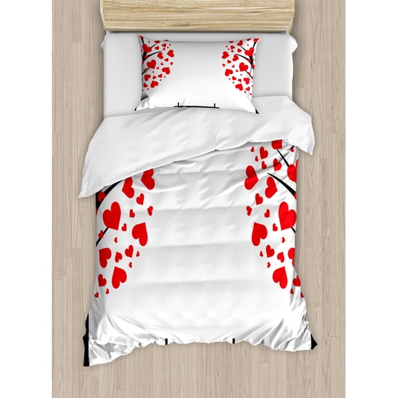 Ambesonne Tree Duvet Cover Set, Heart Romance Love Art, Twin, Black Red White