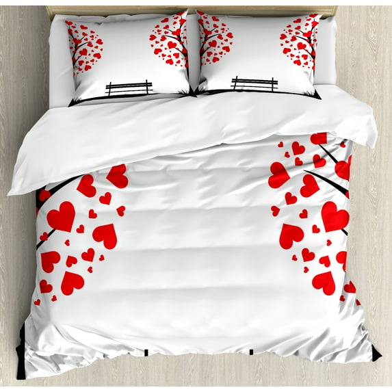 Ambesonne Tree Duvet Cover Sets, Heart Romance Love Art, 2-Queen, Black Red White