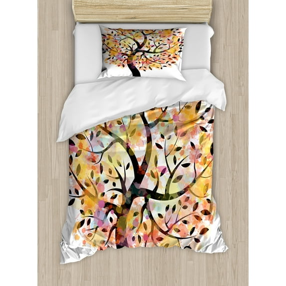 Ambesonne Tree Duvet Cover Sets, Spring Season Tree Leaves, 2-Twin, Multicolor