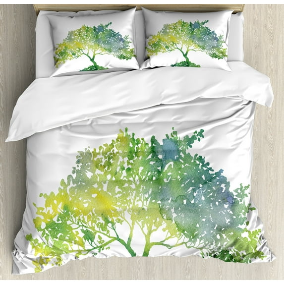 Ambesonne Tree Duvet Cover Sets, Watercolor Gradient Nature, 2-King, Lime Green White