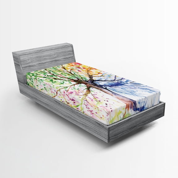 Ambesonne Tree Fitted Sheet, 4 Seasons Colorful, Twin Size, Multicolor