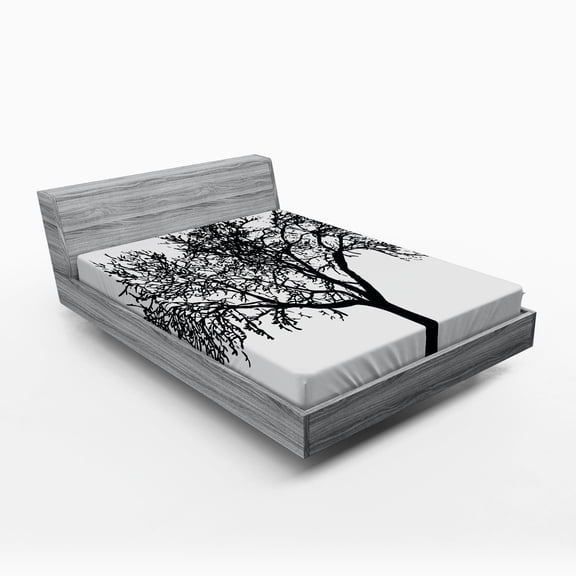 Ambesonne Tree Fitted Sheet, Bare Branches Silhouette Art, Queen Size, Charcoal Grey White
