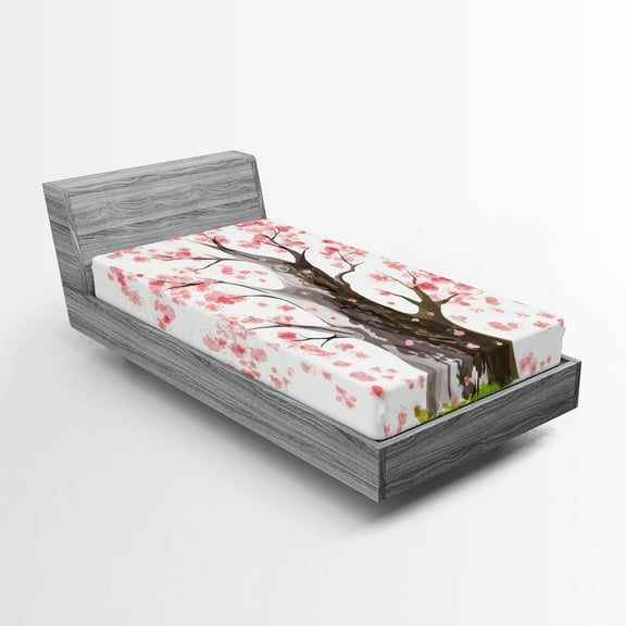 Ambesonne Tree Fitted Sheet, Blooming Sakura and Mountain, Twin XL Size, Pink Black Green