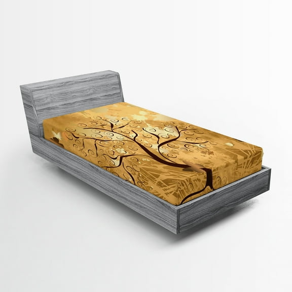 Ambesonne Tree Fitted Sheet, Branches and Butterfly, Twin Size, Yellow and Pale Brown