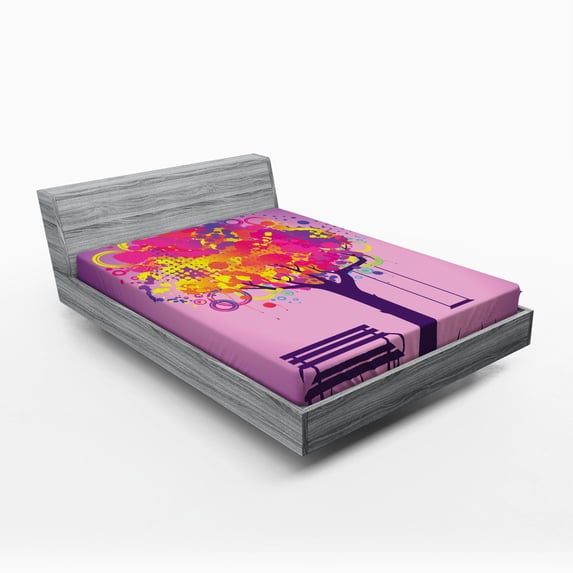 Ambesonne Tree Fitted Sheet, Colorful Leaves Swing Art, Queen Size, Multicolor