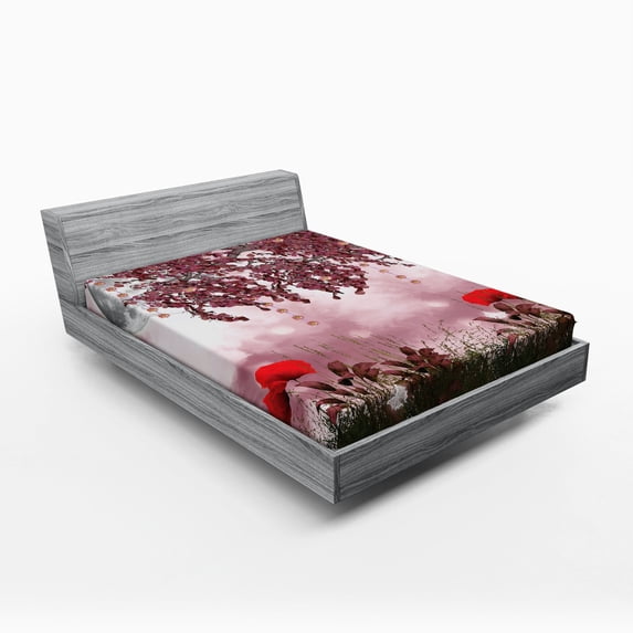 Ambesonne Tree Fitted Sheet, Dream Garden with Poppies, Queen Size, Mauve Red