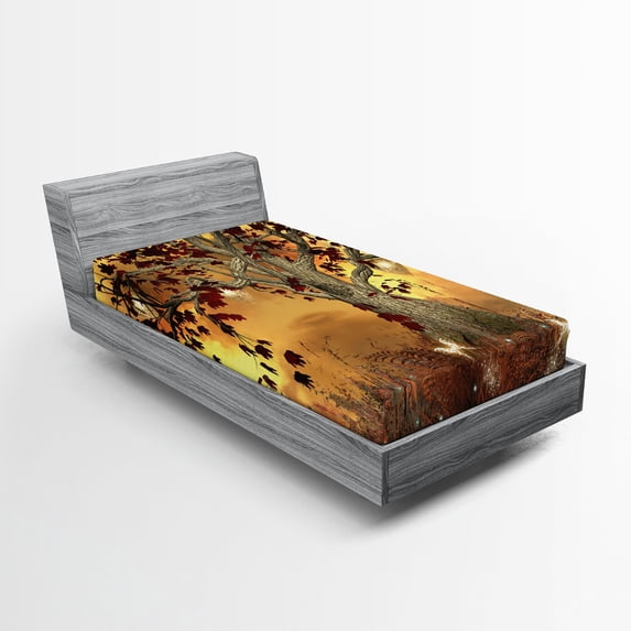 Ambesonne Tree Fitted Sheet, Earthy Color Tones Composition, Twin XL Size, Amber Fawn Burgundy
