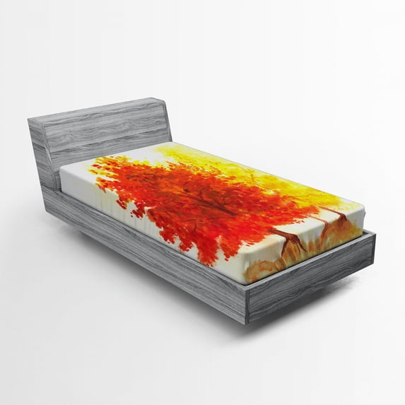 Ambesonne Tree Fitted Sheet, Fall Snowy Winter Pine, Twin XL Size, Yellow Orange