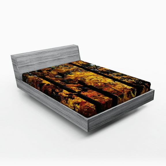Ambesonne Tree Fitted Sheet, Fall Tranquil Countryside, Queen Size, Dark Brown Orange Yellow