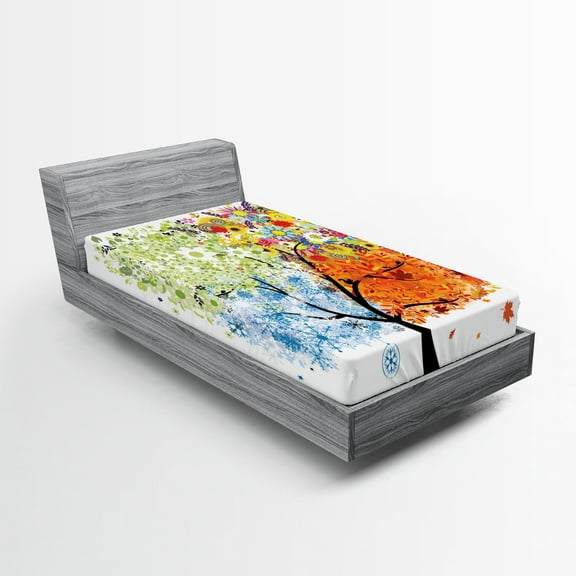 Ambesonne Tree Fitted Sheet, Flowers 4 Season Theme, Twin XL Size, Multicolor