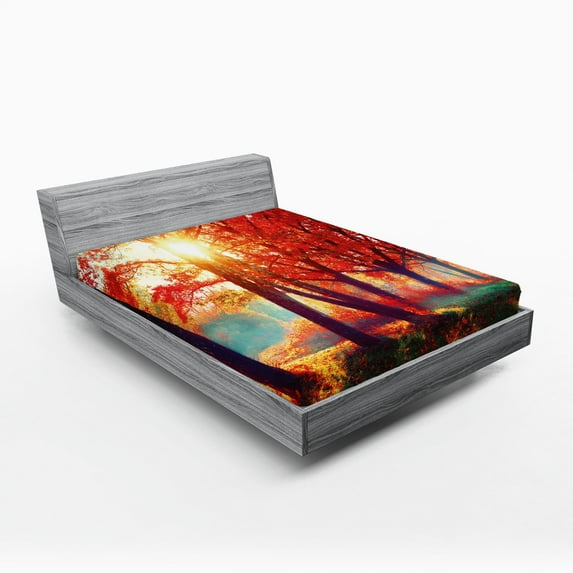 Ambesonne Tree Fitted Sheet, Foggy Autumnal Park Scenic, Full Size, Orange Yellow Teal