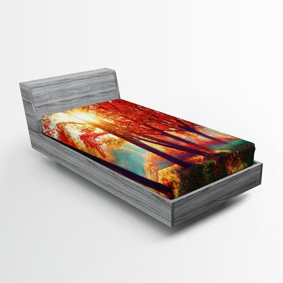 Ambesonne Tree Fitted Sheet, Foggy Autumnal Park Scenic, Twin Size, Orange Yellow Teal