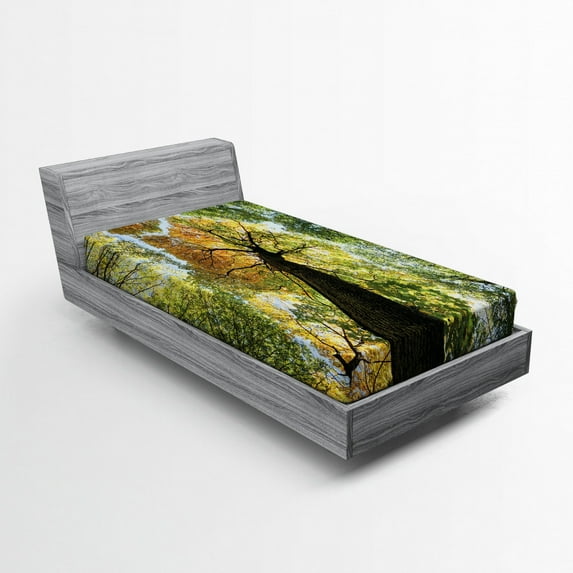 Ambesonne Tree Fitted Sheet, Forest Autumn Growth Eco, Twin XL Size, Dark Brown Pale Green