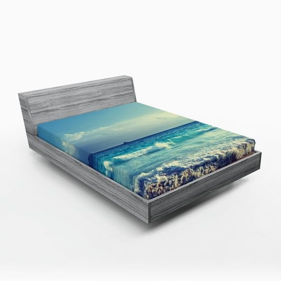 Ambesonne Tree Fitted Sheet, Ocean Seychelles, California King, Turquoise Sky Blue Umber