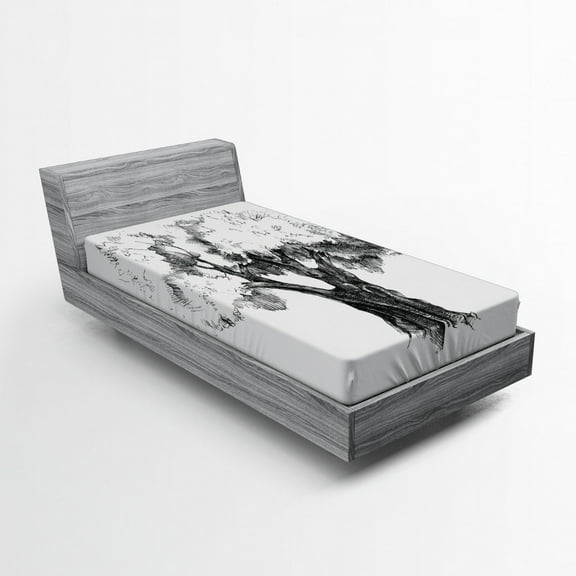 Ambesonne Tree Fitted Sheet, Olive Tree Retro Nature, Twin Size, Black White
