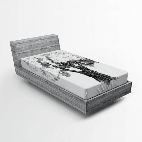 Ambesonne Tree Fitted Sheet, Olive Tree Retro Nature, Twin Size, Black White