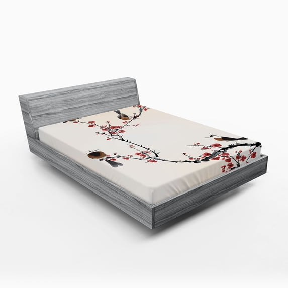 Ambesonne Tree Fitted Sheet, Oriental Illustration, Queen Size, Pale Caramel Ruby