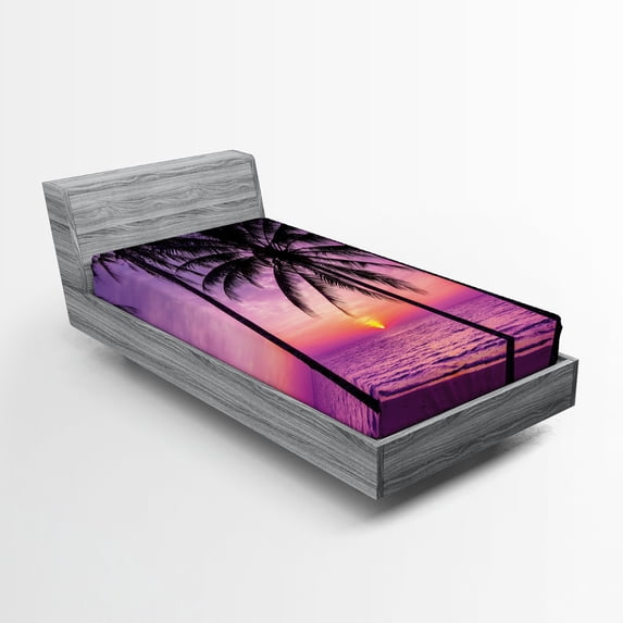 Ambesonne Tree Fitted Sheet, Palms Silhouette Purple, Twin Size, Purple Black