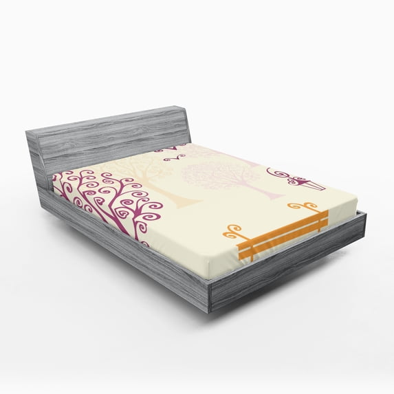 Ambesonne Tree Fitted Sheet, Park Bench Pastel Color, Queen Size, Orange Purple