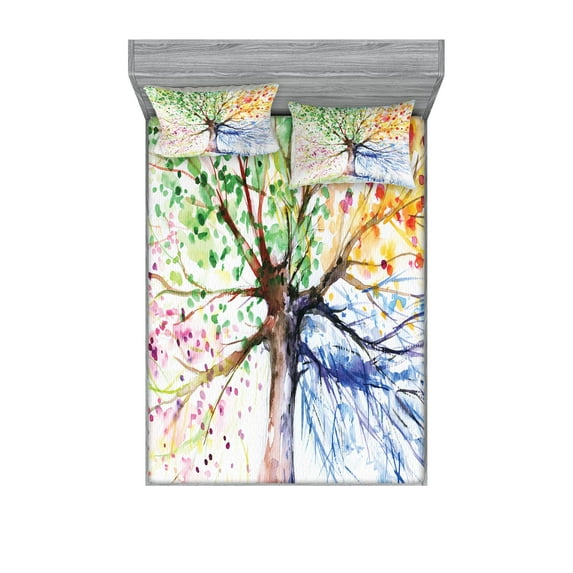 Ambesonne Tree Fitted Sheet & Pillow Sham Set, 4 Seasons Colorful, Full, Multicolor