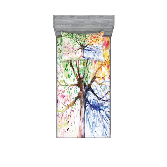 Ambesonne Tree Fitted Sheet & Pillow Sham Set, 4 Seasons Colorful, Twin, Multicolor