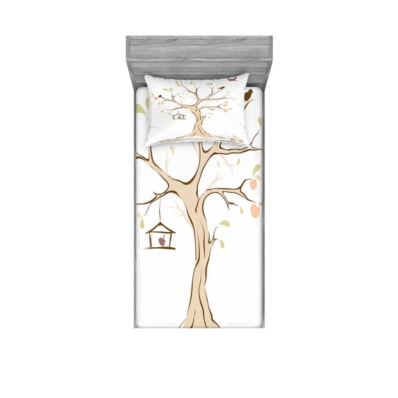 Ambesonne Tree Fitted Sheet & Pillow Sham Set, Apple Flying Birds Art, Twinxl, Multicolor
