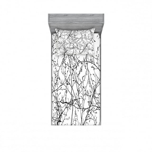 Ambesonne Tree Fitted Sheet & Pillow Sham Set, Branches with Leaves Buds, Twin, Black White