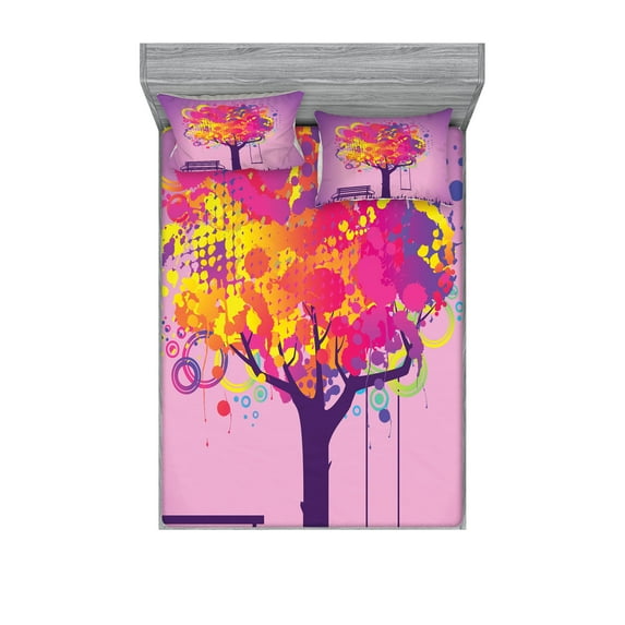 Ambesonne Tree Fitted Sheet & Pillow Sham Set, Colorful Leaves Swing Art, Full, Multicolor