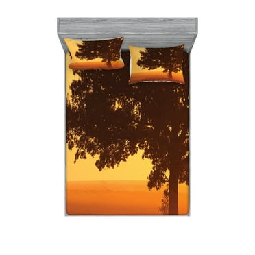 Ambesonne Tree Fitted Sheet & Pillow Sham Set, Countryside Farm Sunrise, Queen, Brown Orange