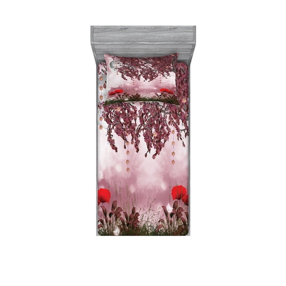 Ambesonne Tree Fitted Sheet & Pillow Sham Set, Dream Garden with Poppies, Twinxl, Mauve Red