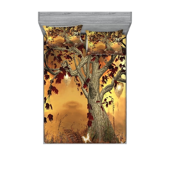 Ambesonne Tree Fitted Sheet & Pillow Sham Set, Earthy Color Tones Composition, Queen, Amber Fawn Burgundy