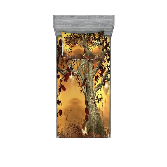 Ambesonne Tree Fitted Sheet & Pillow Sham Set, Earthy Color Tones Composition, Twinxl, Amber Fawn Burgundy