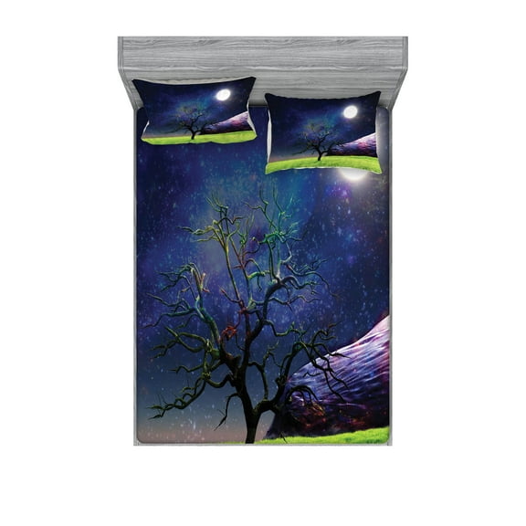 Ambesonne Tree Fitted Sheet & Pillow Sham Set, Full Moon Galaxy Grass, Queen, Green and Navy