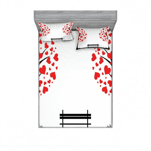 Ambesonne Tree Fitted Sheet & Pillow Sham Set, Heart Romance Love Art, Full, Black Red White