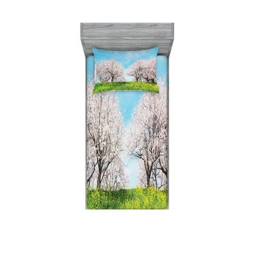 Ambesonne Tree Fitted Sheet & Pillow Sham Set, Japanese Spring Flowers, Twin, Aqua Pink Green