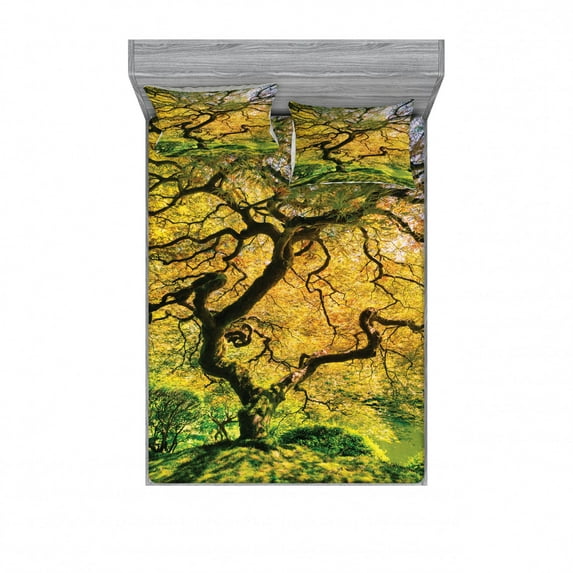 Ambesonne Tree Fitted Sheet & Pillow Sham Set, Large Maple with River, Queen, Green Yellow