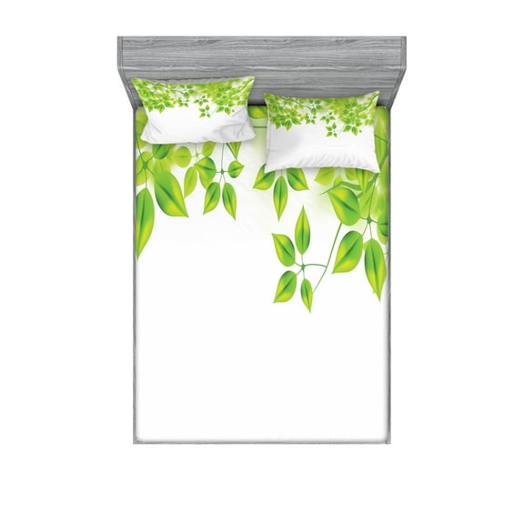 Ambesonne Tree Fitted Sheet & Pillow Sham Set, Leaves Spring Art, Full, Green White