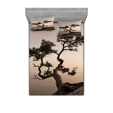 Ambesonne Tree Fitted Sheet & Pillow Sham Set, Lonely Juniper Tree Fall, Full, Brown Grey